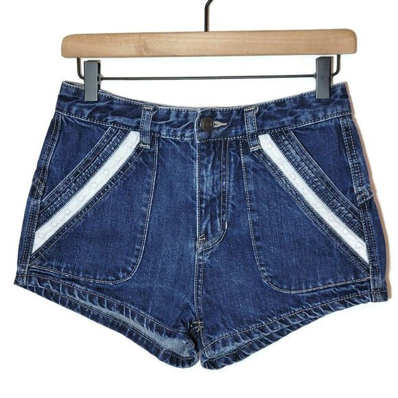 Free People Denim Short High Rise Lace Trim Blue Medium Wash Cotton Summer 26 - Picture 8 of 8